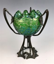 Loetz Type Art Nouveau Bronze and Glass Centerpiece