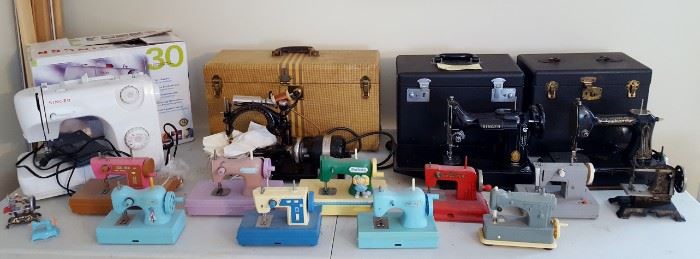 Vintage children sewing machines including Miss Durham, Cabbage Patch and KAY EE SEW MASTER.