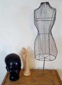 Mannequin Display Black Glass Head Art Deco Hat and Arm stand and woman wire dress form