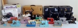 Rare Sewhandy Portable, Singer Featherweight 221K, Gibbs Automatic, Singer treadle sewing machine, Singer 30 sewing machine, Singer The Little Touch & Sew battery operated machine, vintage children sewing machines including Miss Durham, Childs Metal Toy Little Red Riding Hood Germany, Little Beauty child's sewing machine made in Germany, Cabbage Patch and KAY EE SEW MASTER.