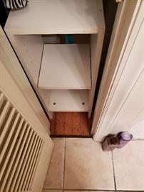 2 shelf white wood storage unit great for organization in closet or office.