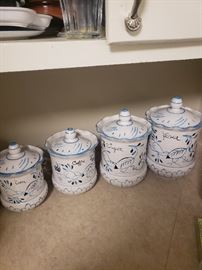 Set of vintage 4 kitchen painted china jars "Tea, Coffee, Sugar, Flour".