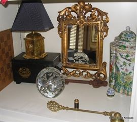 Gilt Mirror, Antique box, Glass paperweight, Asian lidded jar, brass Candle snuffer and more