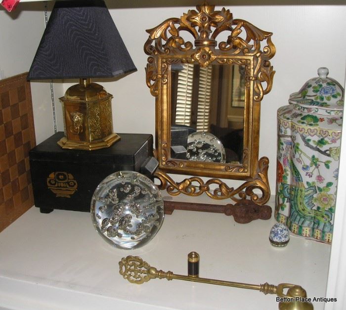 Gilt Mirror, Antique box, Glass paperweight, Asian lidded jar, brass Candle snuffer and more
