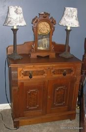 Antique Renaissance Walnut Wash Stand , Ansonia Clock with key working.