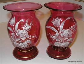 Antique Mary Gregory style Painted Cranberry Vases