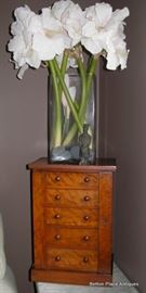Fantastic small tiger maple Chest, sitting on an Edwardian Marble top Table