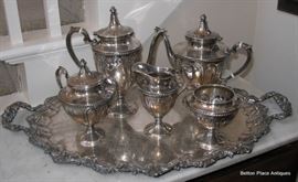 Sterling Silver Tea and Coffee Set on a Silverplate Tray