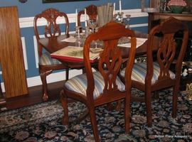 Charak Furniture Co Mass " Danbury Table" in Mahogany, extends out to seat 12, 6 chairs, two Captain