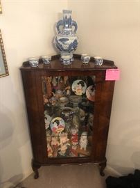 Antique corner burled walnut curio cabinet with key