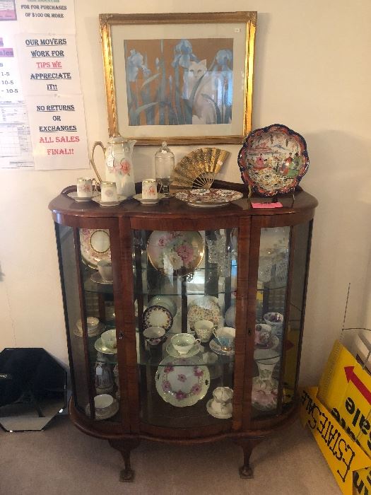 Walnut Curio with key and collectible tea cups