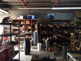 Two large storage shelves on left, they are both 8' x 4' and are 2' deep. The large shelf or storage bin on the right is 9' 5" long, 8' tall, and 4' deep. This bin was used to store raw wood used to make the "self bows". 