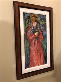 Painting, girl in red dress with flowers