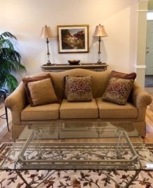 Sherrill Sofa, perfect condition, glass top cocktail table with metal base