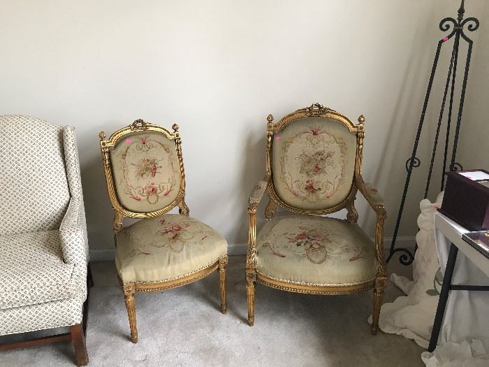 Antique European carved gold gilt - stitched tapestry chairs.