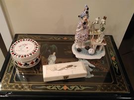 Various decorations including card theme coasters & bone box