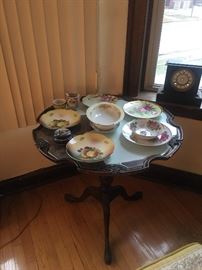 Dishware, Antique Tilt Top Mahogany Table, Antique Clock,