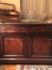 Eastlake, Antique Burled Walnut, Marble topped, Sideboard