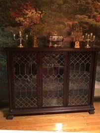 Horner Antique Mahogany Lion Claw Foot Leaded Glass 3 Door Bookcase