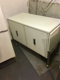 Mid Century Modern 50's white and chrome buffet server cabinet on rollers.