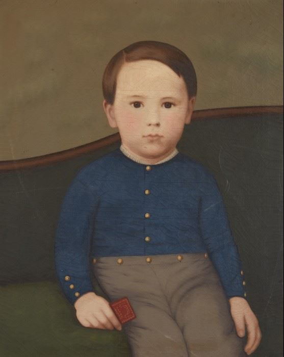 19th Century American School Folk Art Portrait Of A Boy