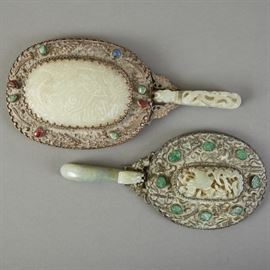 Group of 2 Chinese Jade Belt Hook Handled Mirrors Silver