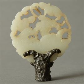 Carved Chinese Pale Jade Pendant Later Mounted as Finial