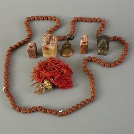 Grp of Chinese Scholars Objects; Chops, Seals, Carved Beads, Bronze Buddha