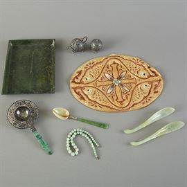 Group of Fine Qing Chinese Jades and Silver Objects	Group of objects, comprised of two serpentine spoons; one Chinese textile, embroidered with gold-wrapped thread; one spinach jade tray; one beaded jade necklace; 