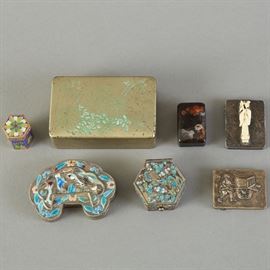 Group of 7 Chinese Enameled Pill or Snuff Boxes Some Silver
