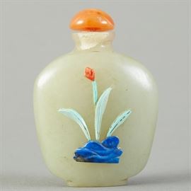 Chinese Jade Snuff Bottle W/ Applied Stone Decoration