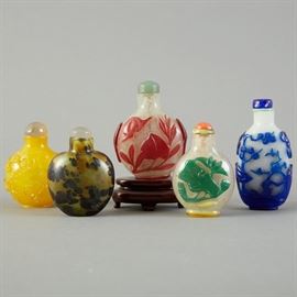 Group of 5 Chinese Qing Glass Overlay Snuff Bottles