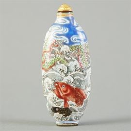 19th C. Chinese Qing Enameled Snuff Bottle Leaping Carp