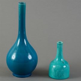 	2 Chinese Late Qing Turquoise Porcelain Vases