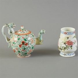 Chinese Porcelain Famille Verte Teapot w/ Famille Rose Cup