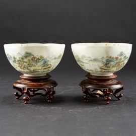 Pair Chinese Republic Period Famille Rose Octagonal Eggshell Porcelain Bowls with Original Stands