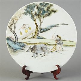 Circular Chinese Porcelain Plaque Famille Verte Enamels