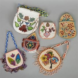 6 Native American Beaded and Embroidered Pouches Early 20th c.