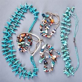 Group of 5 Santo Domingo and Zuni Fetish Necklaces