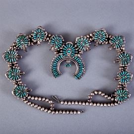Zuni Sterling and Needlepoint Turquoise Squash Blossom Necklace