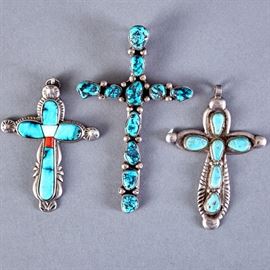 3 Silver and Turquoise Cross Pendants Navajo Zuni Horace Iule
