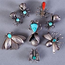 8 Navajo Sterling Silver Insect Pins