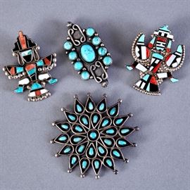 4 Silver and Stone Pins Navajo Zuni Arlita Lahi