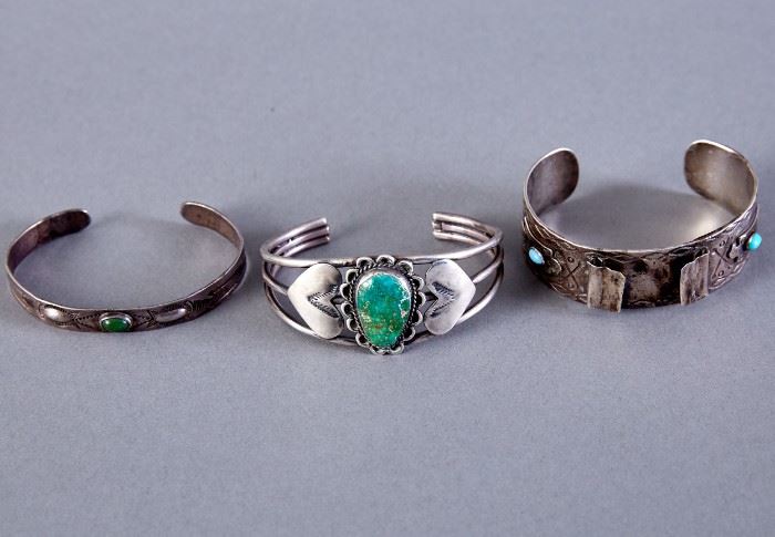 Three Navajo Silver and Turquoise Bracelets Fred Harvey Era
