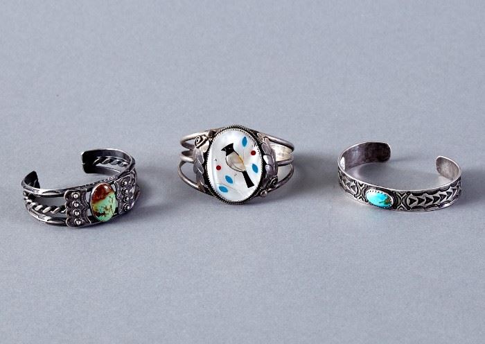 Grp: 3 Navajo Silver & Turquoise Bracelets Jim Yazzie Fred Peshlakai