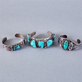 3 Navajo Silver and Turquoise Cuff Bracelets Fred Peshlakai
