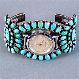 Navajo Sterling and Turquoise Watch Cuff with Bulvova Watch