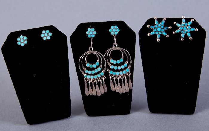 3 Pair Zuni Dishta Sterling and Turquoise Earrings