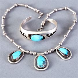 Arturo Rivera Sterling and Turquoise Necklace and Bracelet
