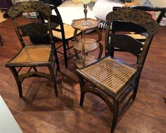 2 rattan bottom chairs and end table